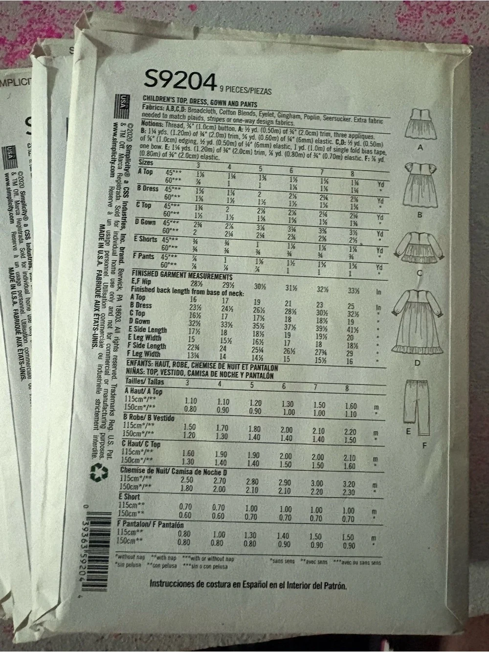 BN UNCUT SIMPLICITY 9204 A CHILDREN PAJAMAS SEWING PATTERNS